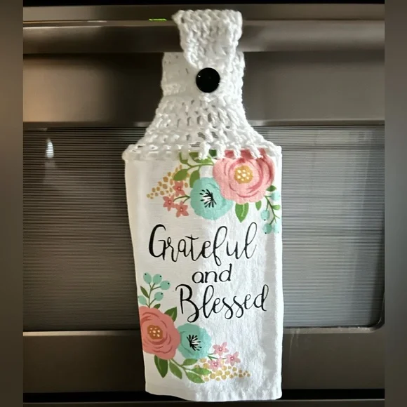 Hand Crafted Floral Hanging Kitchen Hand Towel Colorful Grateful and Blessed - Picture 3 of 8